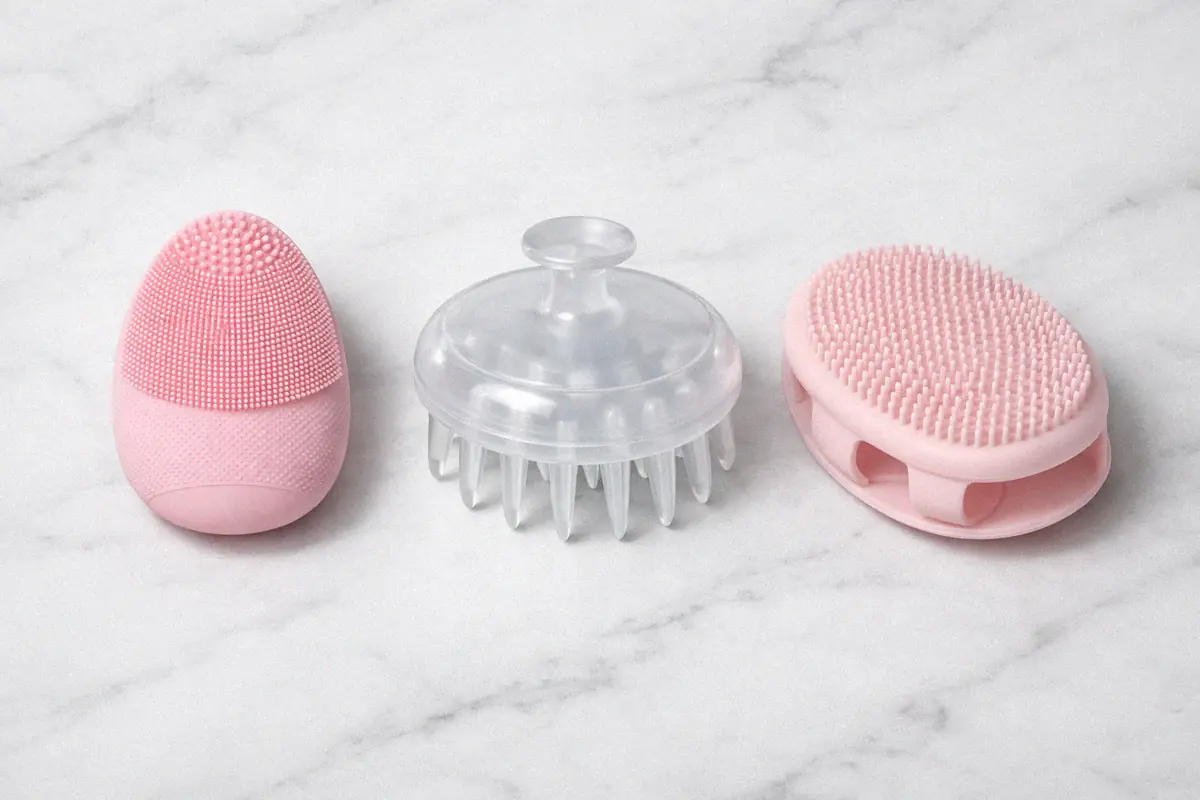 Cosmetic grade silicone beauty products including facial brush scalp massager and body scrubber on a clean surface