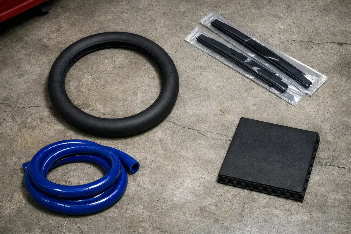 Silicone automotive accessories including steering wheel cover wiper blades hoses and floor mats displayed in a garage setting