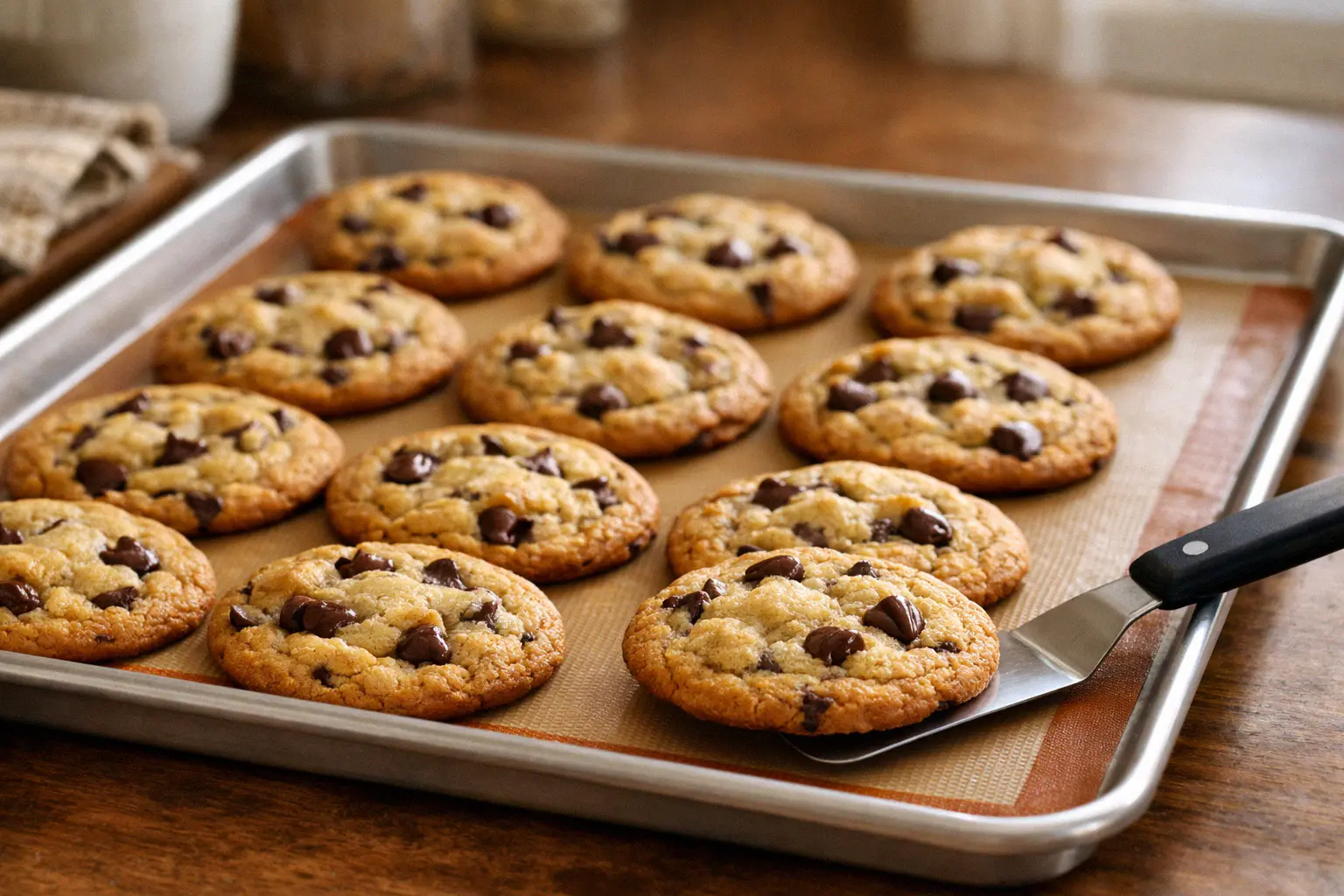 Fresh baked cookies on a silicone baking mat demonstrating perfect non-stick release from the reusable surface