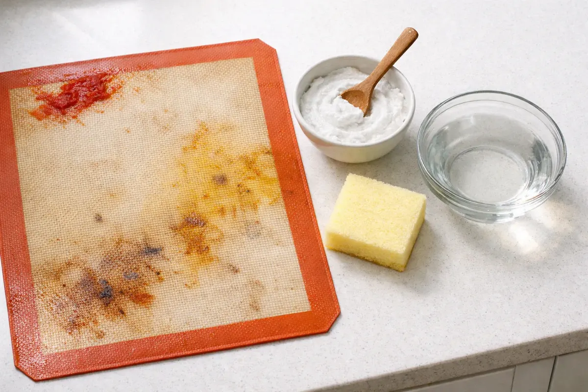 Baking soda paste applied to a stained silicone baking mat next to a bowl of vinegar solution for odor removal