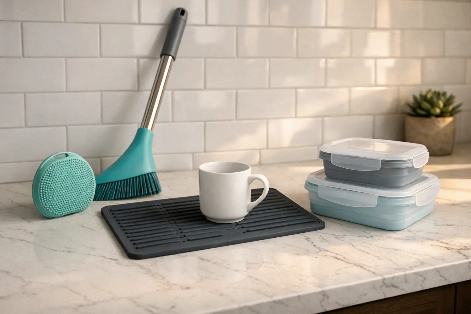 Silicone cleaning products including broom scrub brushes dish mat and collapsible storage containers on a countertop