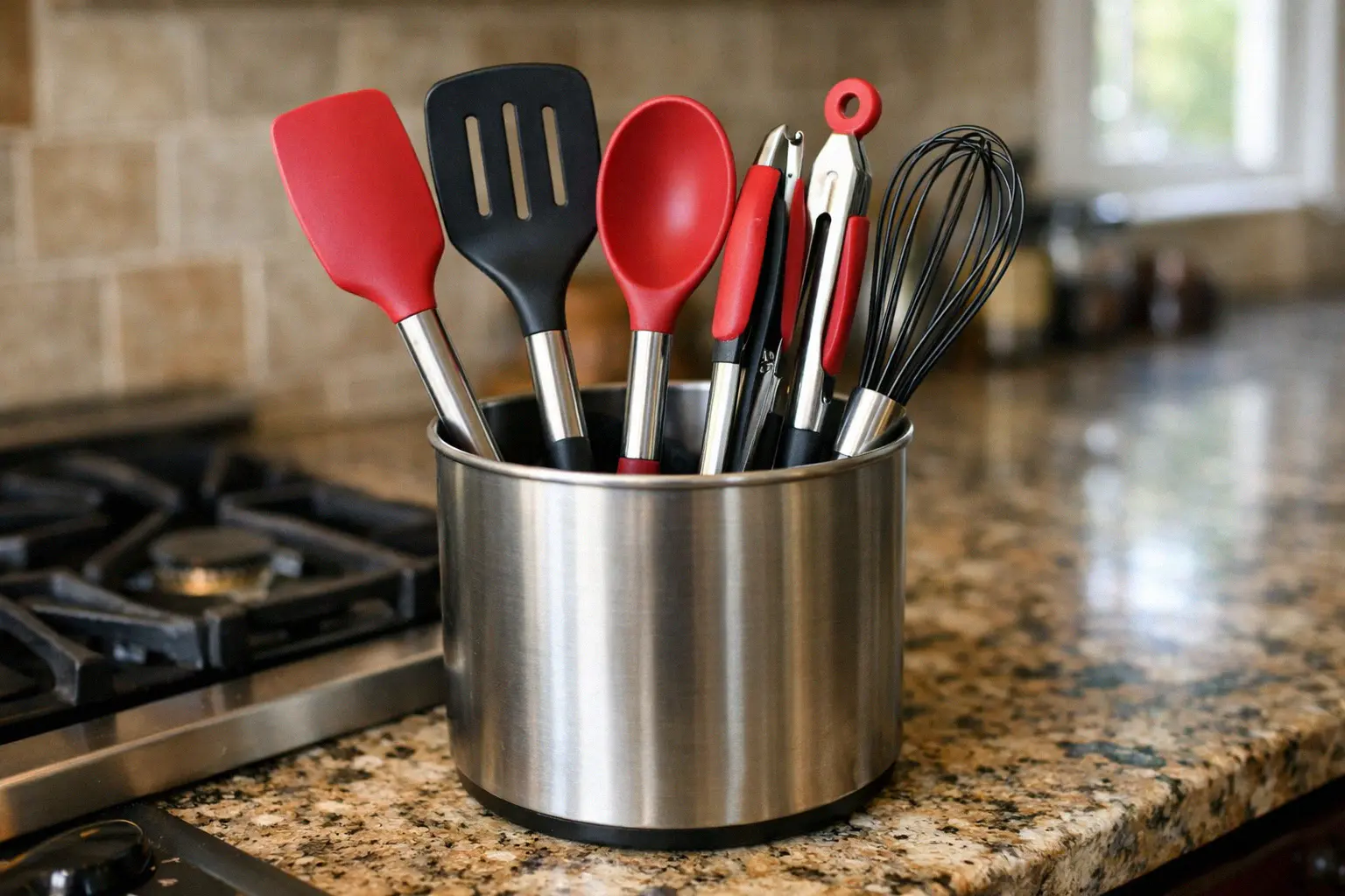 Silicone cooking utensil set including spatula turner spoon tongs and whisk in a stainless steel holder