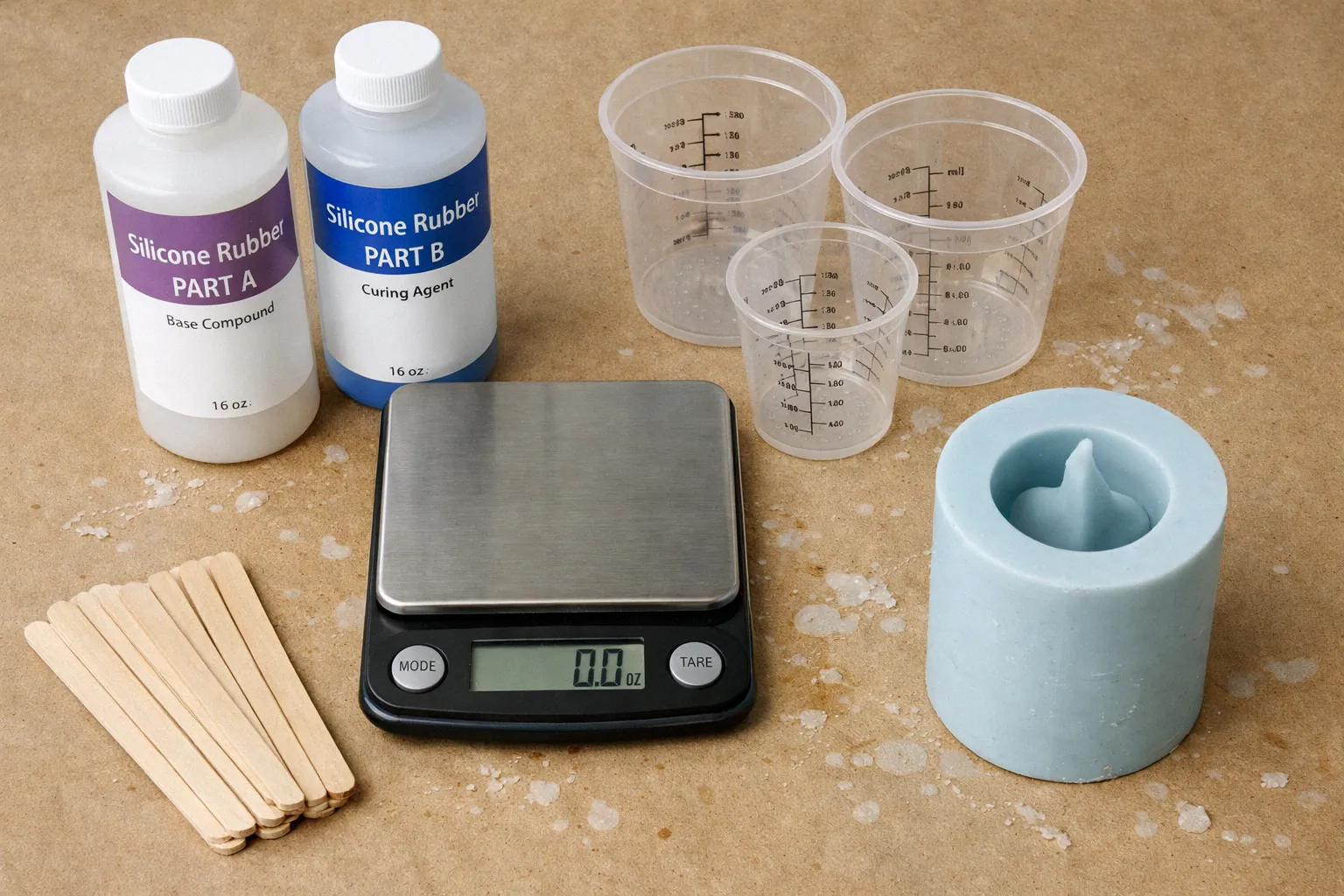 Silicone mold making supplies including two part compounds finished molds and cast resin pieces on a craft workbench