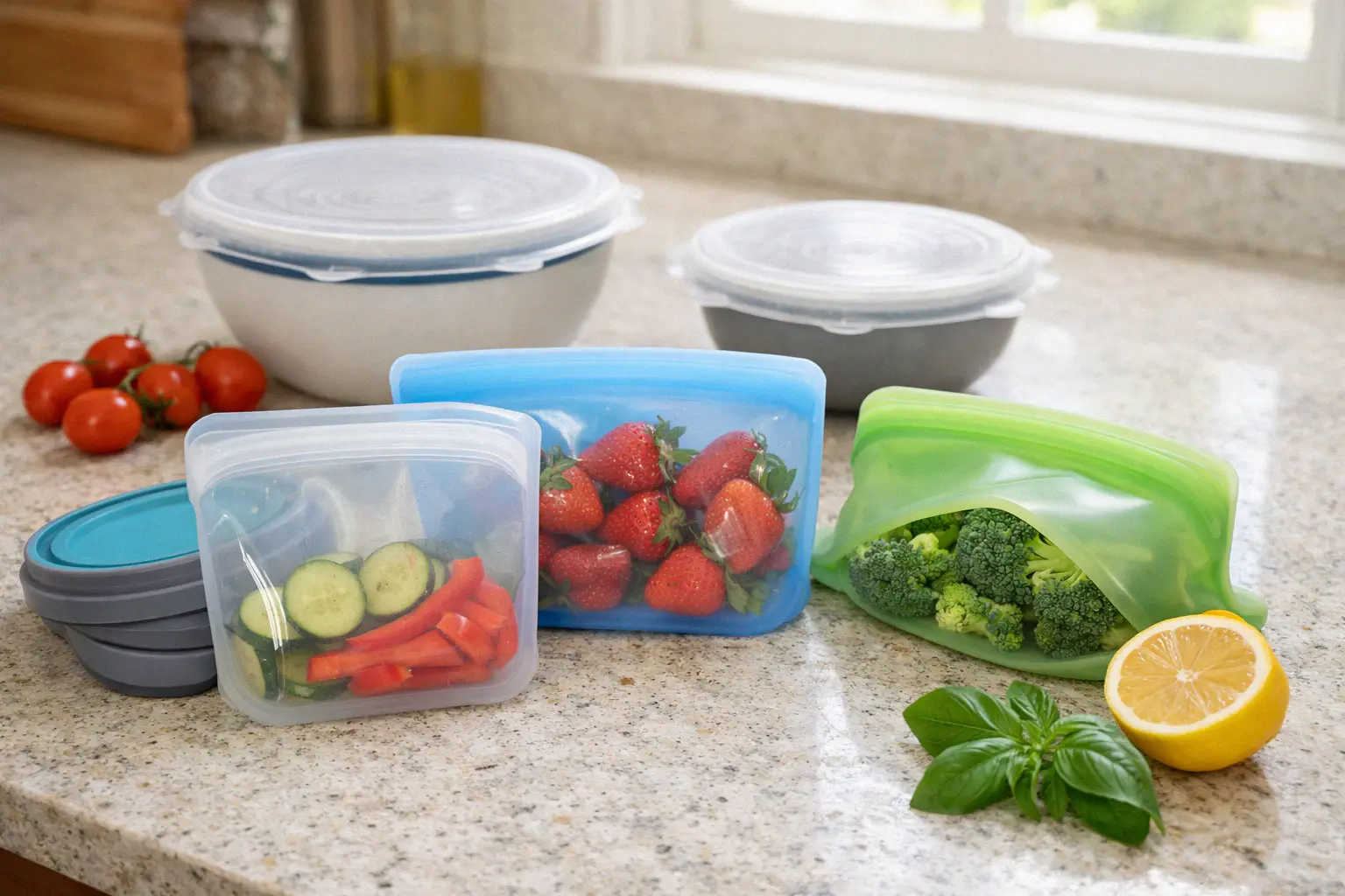 Silicone food storage products including reusable bags stretch lids and collapsible containers with fresh produce