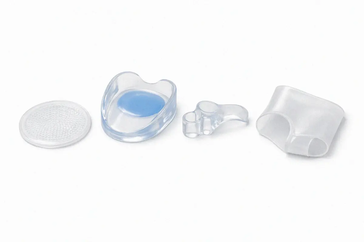 Medical grade silicone foot pads heel cups and toe correctors arranged on a white surface showing cushion thickness