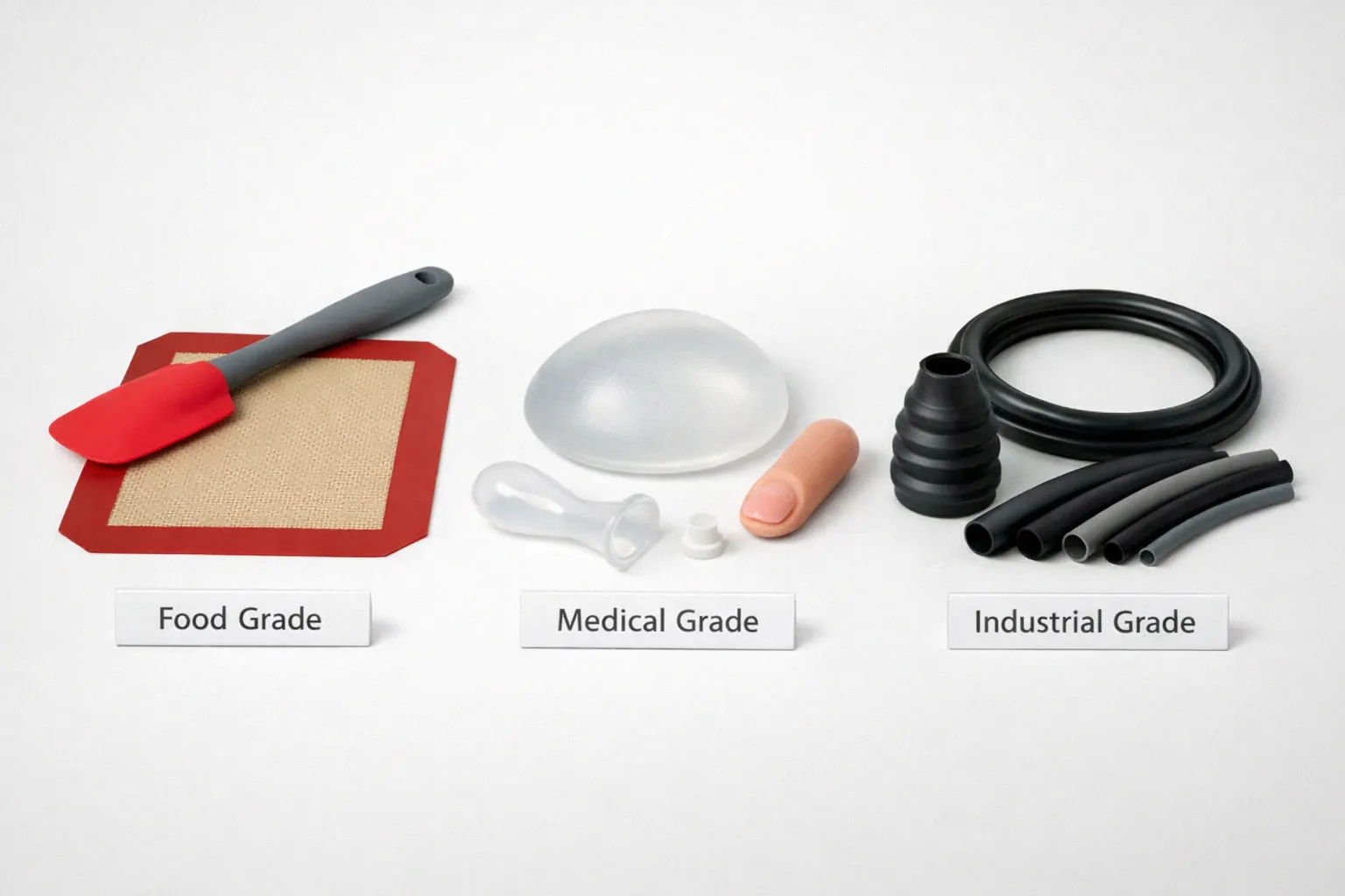 Three grades of silicone products showing food grade kitchen utensils medical grade implants and industrial grade gaskets