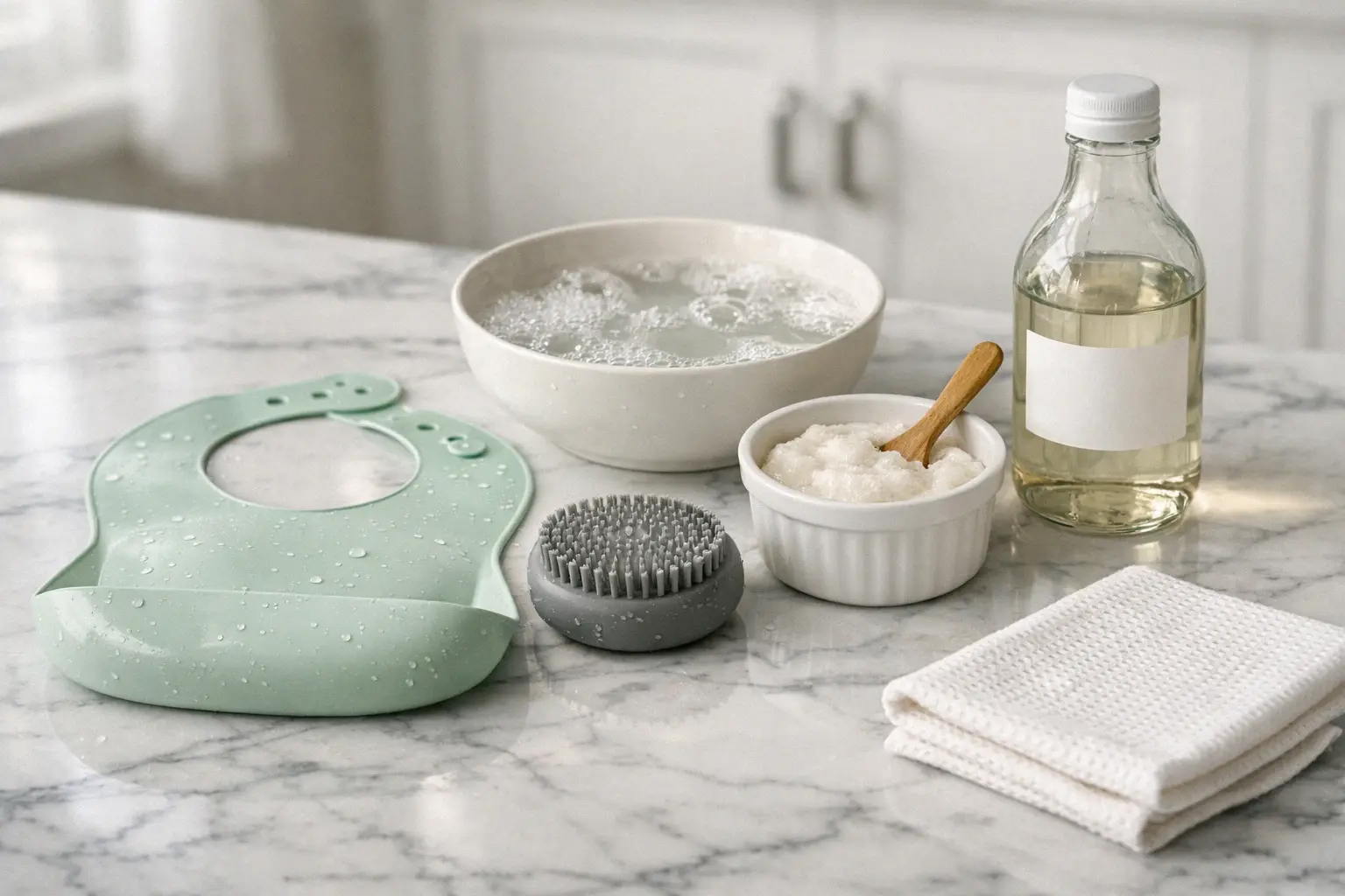 Cleaning silicone home products with warm soapy water baking soda paste and white vinegar on a kitchen counter