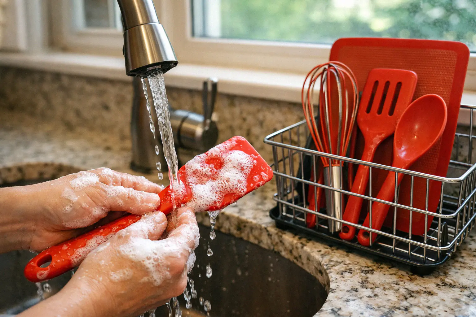 Cleaning silicone kitchen utensils under running water with soap showing easy maintenance
