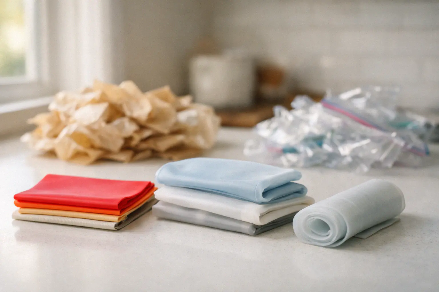 Reusable silicone kitchen products replacing disposable plastic bags and parchment paper for eco-friendly cooking