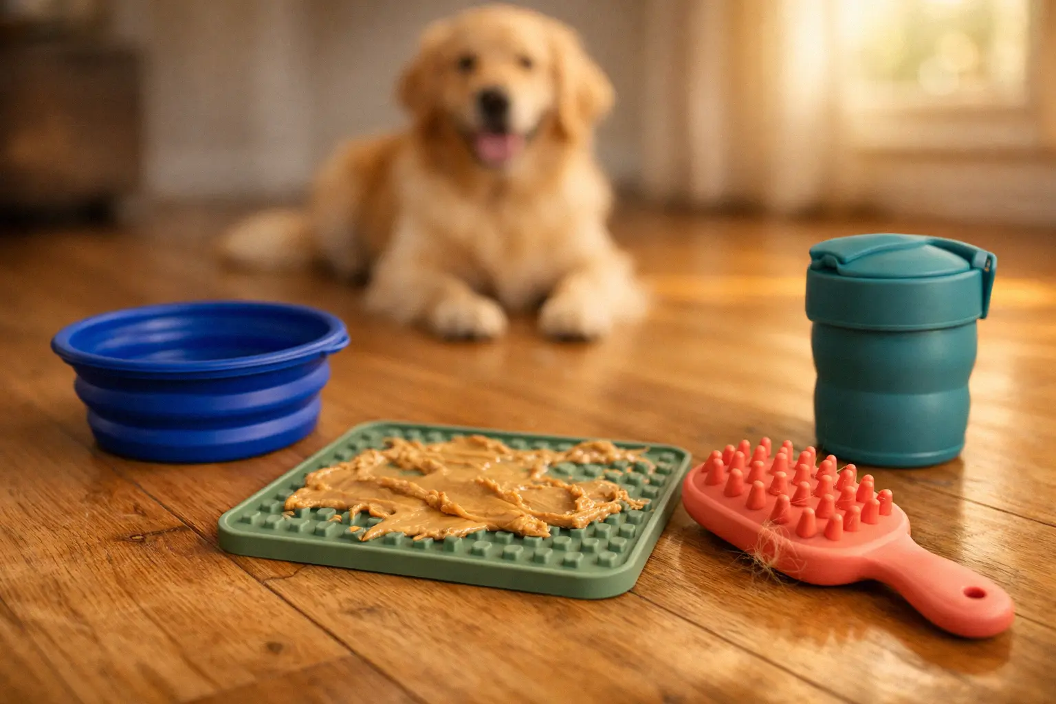 Silicone pet products including collapsible dog bowl grooming brush lick mat and travel water bottle for dogs and cats