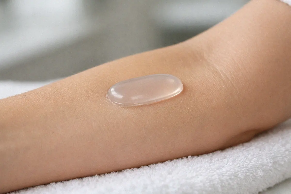 Patch testing silicone beauty product on inner forearm to check for skin sensitivity before full application