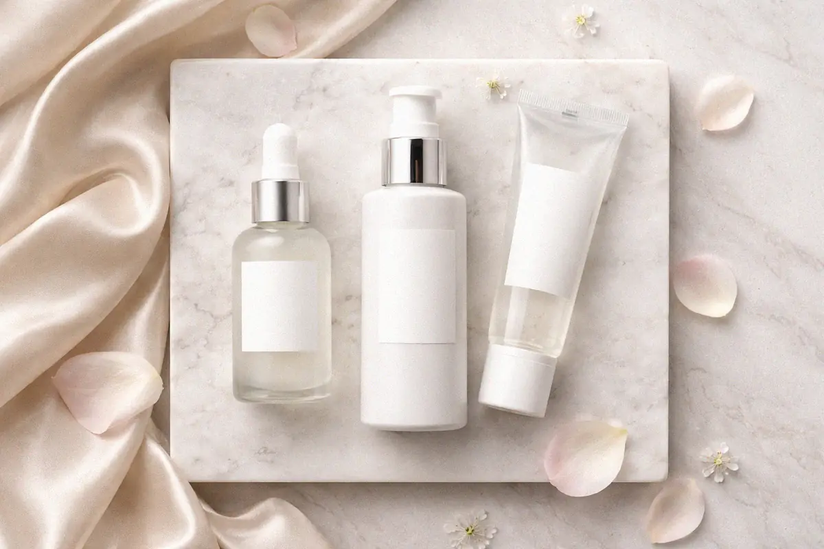 Skincare products containing silicone ingredients including dimethicone moisturizer primer and serum bottles