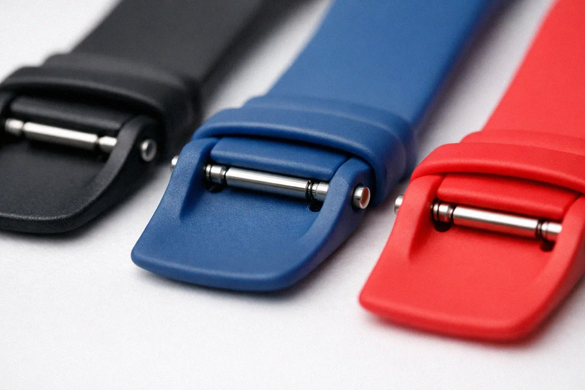 Close up of silicone sports watch bands in black blue and red showing quick release pins and a smooth surface finish