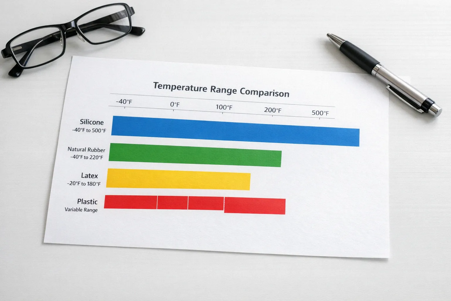 Temperature range chart showing silicone safe zone from negative forty to five hundred degrees Fahrenheit compared to plastic and rubber limits