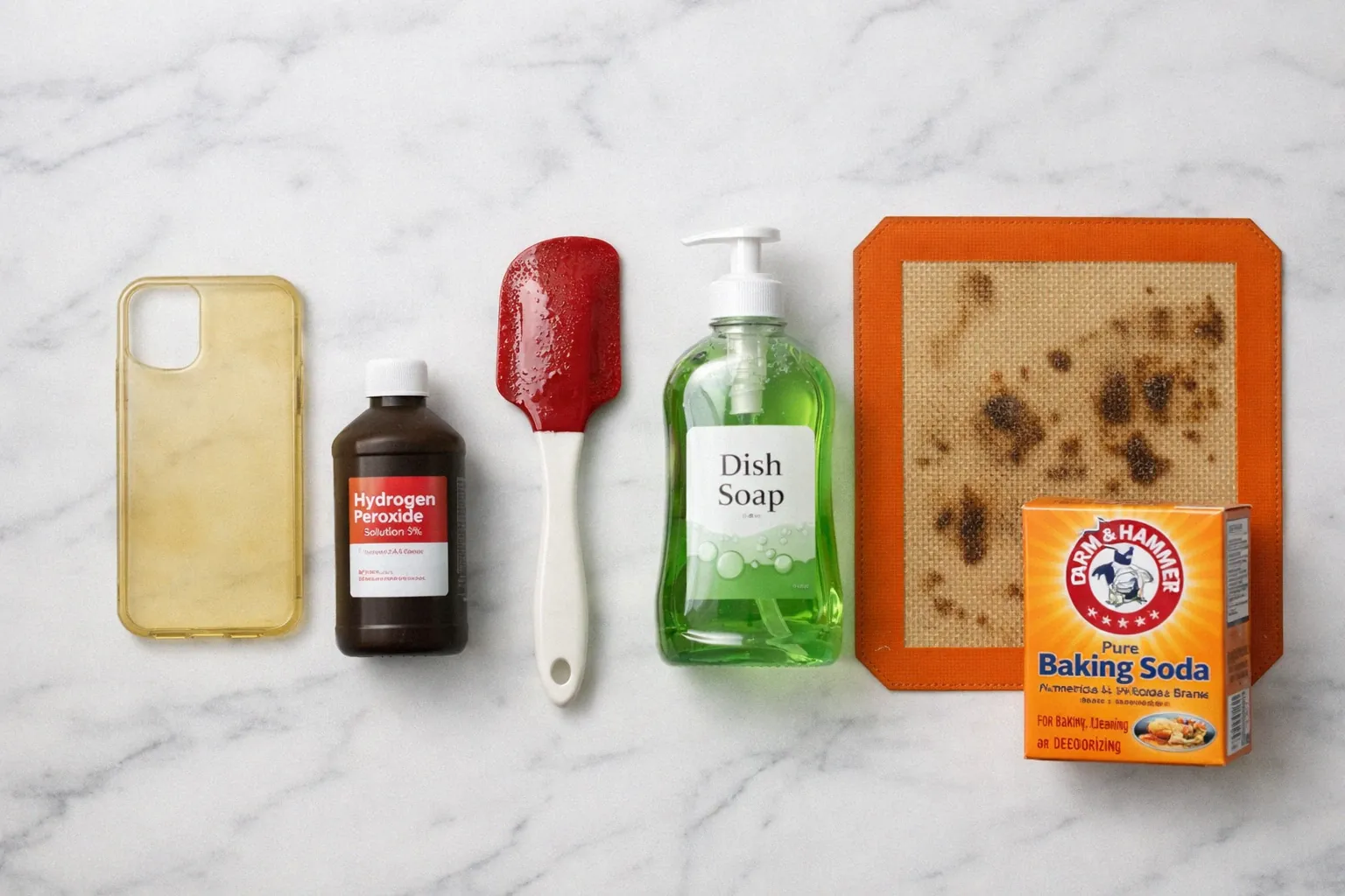 Common silicone problems including yellowed phone case sticky kitchen spatula and stained baking mat with cleaning solutions nearby