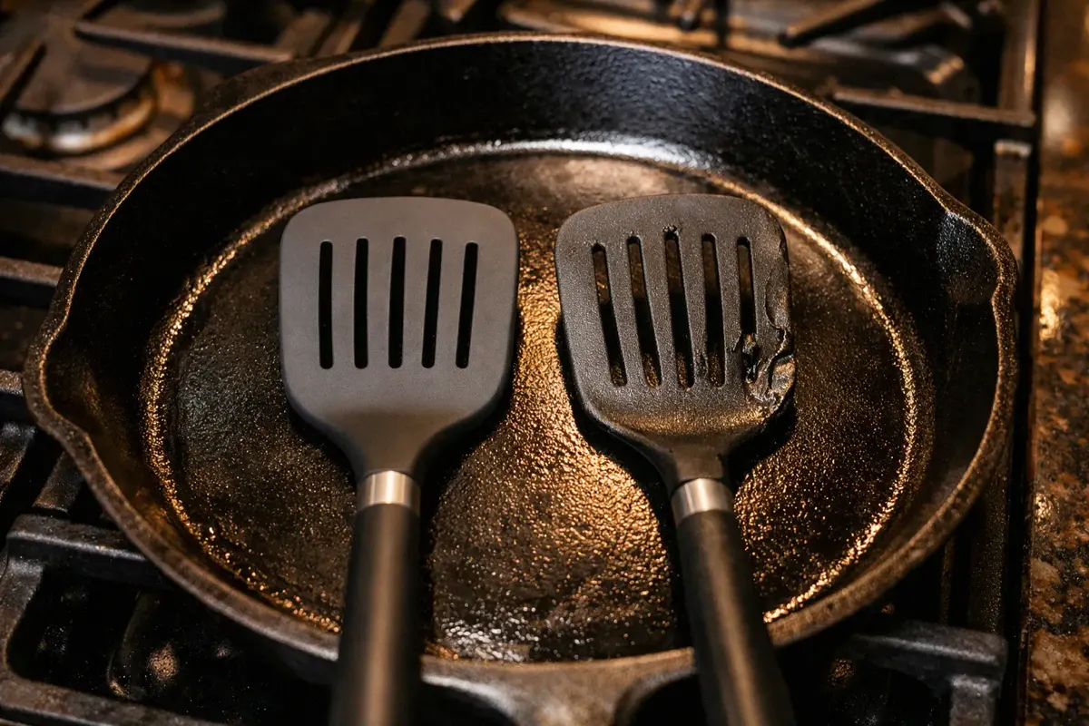 Silicone spatula intact on hot cast iron pan compared to melted plastic spatula showing heat resistance advantage